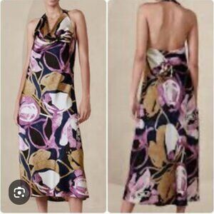 Nwt Banana Republic Blue/Purple/Gold Abstract Floral Satin Halter Midi D…